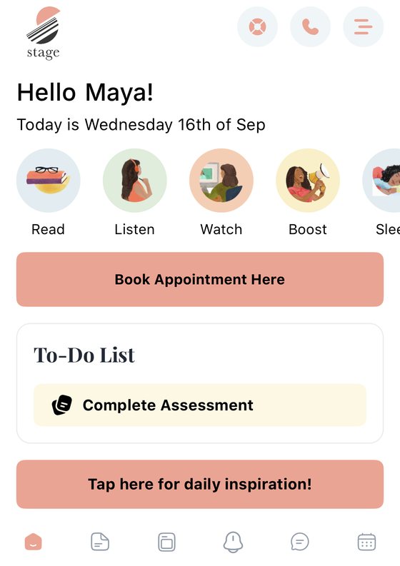 The Stage client app home screen: a greeting, quick links to read, listen and watch, a button to book an appointment, and a to-do list