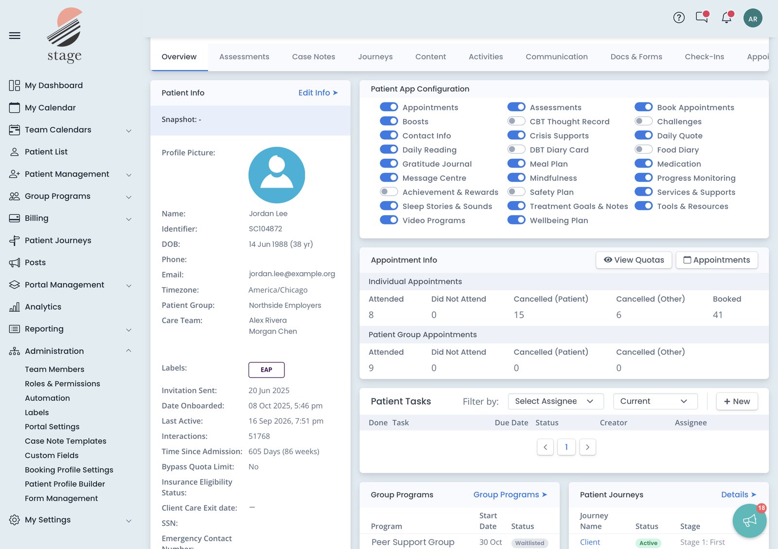 A client profile in the Stage care team workspace, showing client details, care team, appointments and assessments